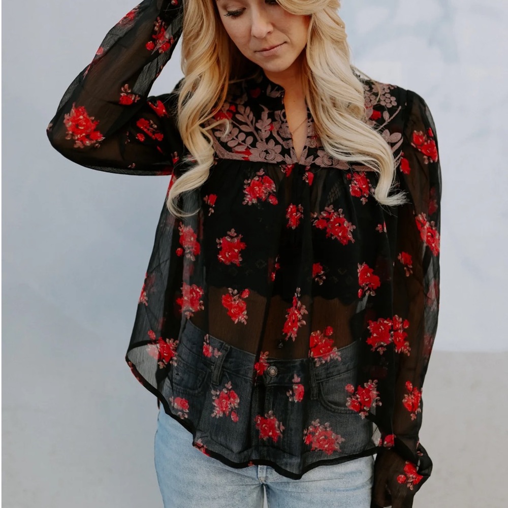Free People Black Red Print Patricia Embroidered Women Blouse Size Small